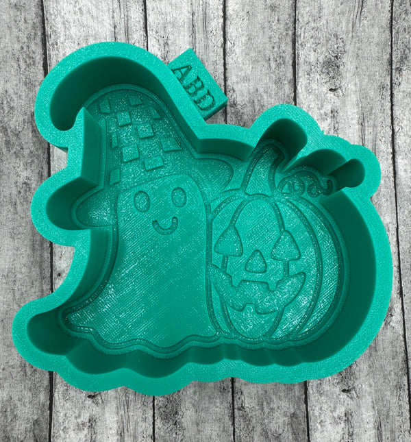 Ghost in Checkered Hat with Jack O’Lantern Pumpkin Freshie Silicone Mold