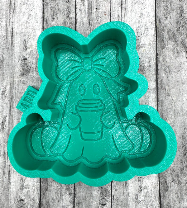 Ghost with Bow Holding Latte Cup with Pumpkins Freshie Silicone Mold