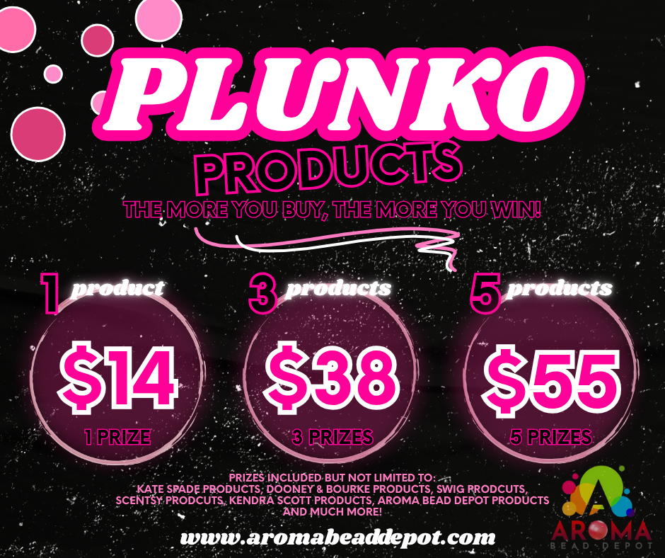 Promotional poster for Plunko Products with pricing and prize information on a dark background.