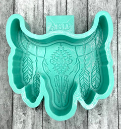 Aztec Cow Steer Skull with Feathers Freshie Silicone Mold