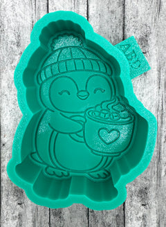 Penguin Holding a Cup with Heart Freshie Silicone Mold