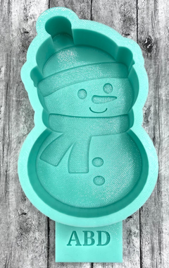 A blue silicone mold depicting a snowman car freshie, with the initials 'ABD' possibly indicating the brand or designer.